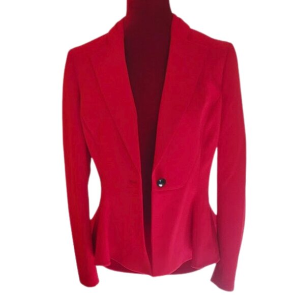 Macy's Bar III Women's Cardinal Red Crepe Button Closure Peplum Blazer Size 8 - Picture 2 of 10
